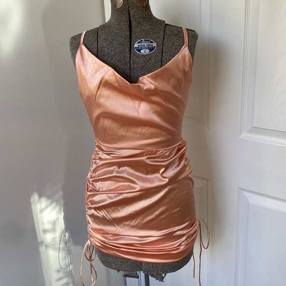 Joyfunear Ruched Drawstring Knot Satin Dress - Picture 2 of 7